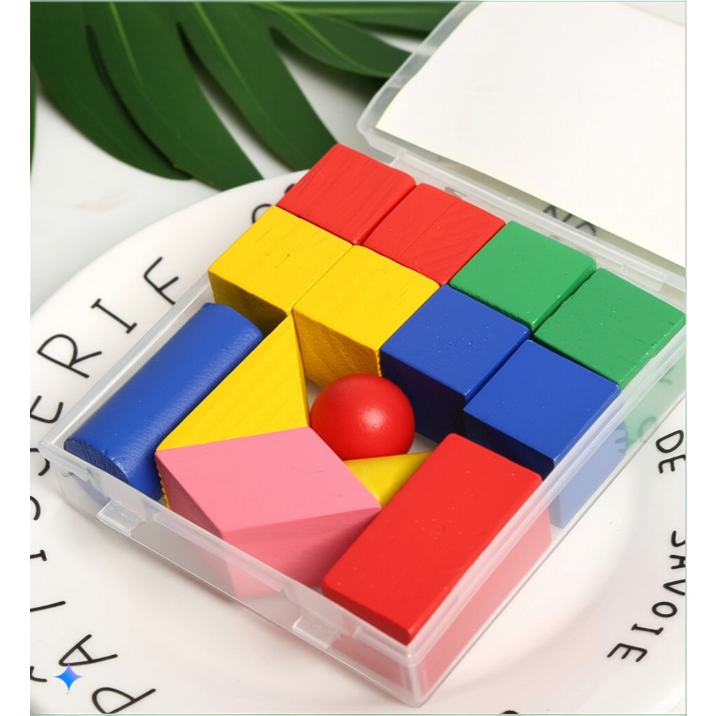 Bộ 14 Hình Khối Gỗ Có Hộp Nhận Biết Khối Hình Học Mầm Non Cho Bé Phát Triển Toán Học Màu Sắc DC54