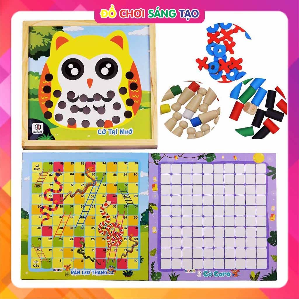 Đồ Chơi Gỗ 3 Trong 1 - Cờ Trí Nhớ - Rắn Leo Thang - Cờ Caro - Cả Gia Đình Cùng Vui Chơi HC16-04