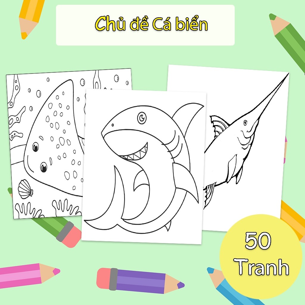 Bộ 50 tranh giấy tô màu cho bé chủ đề cá biển - đồ chơi giấy thủ công phát triển trí tuệ TM03