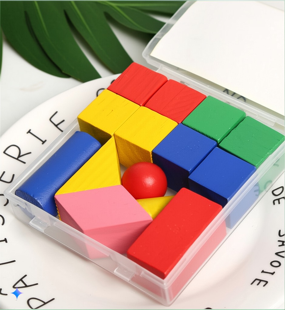 Bộ 14 Hình Khối Gỗ Có Hộp Nhận Biết Khối Hình Học Mầm Non Cho Bé Phát Triển Toán Học Màu Sắc DC54