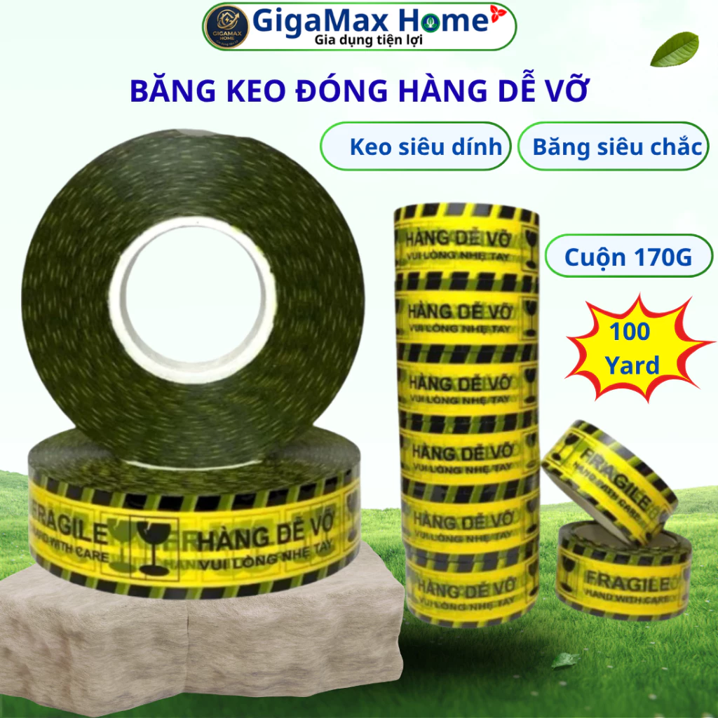 Băng Keo Đóng Hàng Dễ Vỡ 4.8cm 100Yard – Băng Dính Cảnh Báo Niêm Phong Thùng Hàng Cuộn 170g | GigaMax Home