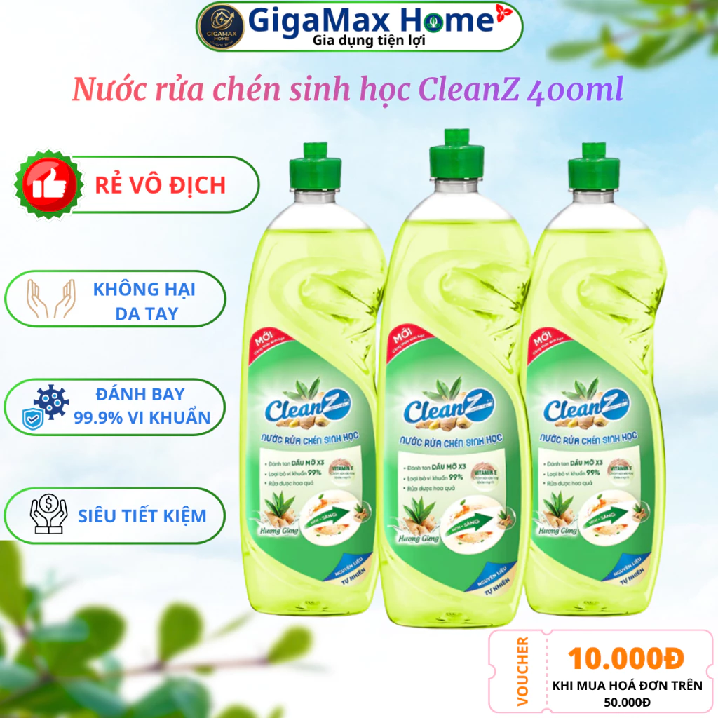 Nước Rửa Chén Sinh Học CleanZ Hương Gừng 400ml – Đánh Tan Dầu Mỡ X3, Khử Mùi & Rửa Được Rau Củ Quả | GigaMax Home