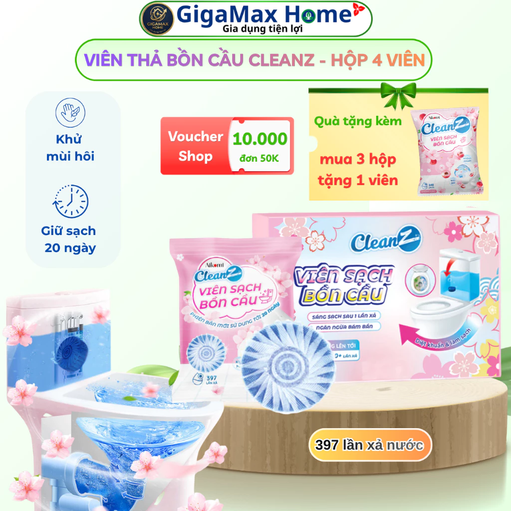 Hộp 4 Viên Thả Bồn Cầu CleanZ 50g/viên – Tự Động Làm Sạch, Diệt Khuẩn Sinh Học Khử Mùi Toilet Đến 80 Ngày | GigaMax Home