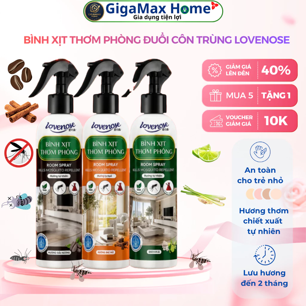 Bình Xịt Thơm Phòng Đuổi Muỗi Lovenose 350ml – Chiết Xuất Tự Nhiên, Khử Mùi & Đuổi Côn Trùng An Toàn | GigaMax Home