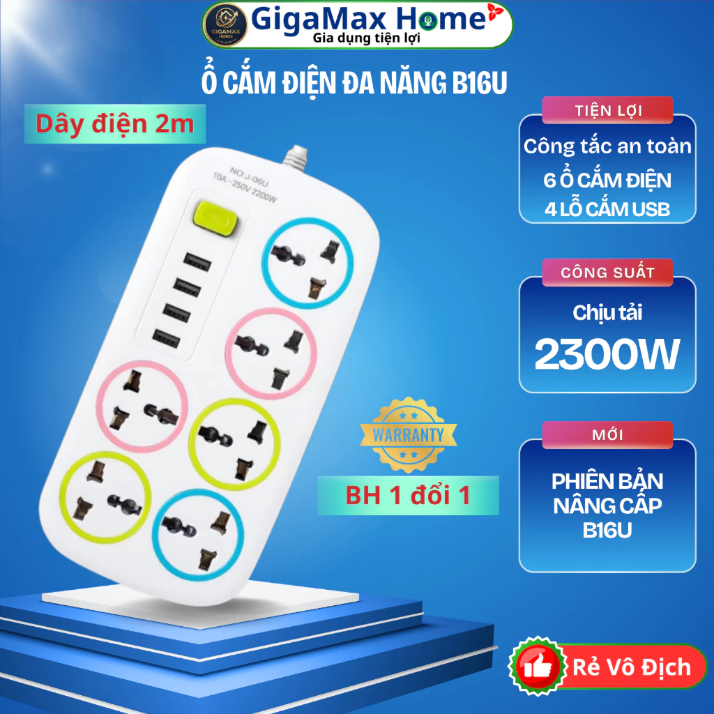 Ổ Cắm Điện Thông Minh B16U 6 lỗ cắm điện + 4 lỗ USB – Chống Giật, Chống Nước, Nhựa PP Chịu Nhiệt Cao Cấp | GigaMax Home