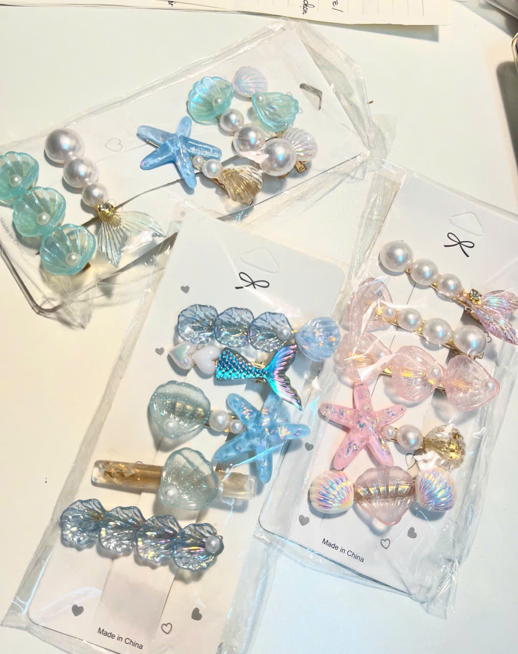 Set 5 Kẹp Tóc Mái Chủ Đề Đại Dương: Vỏ Sò, Sao Biển, Nàng Tiên Cá | Kẹp Mái Đính Ngọc Lấp Lánh, Phụ Kiện Tóc Đi Biển