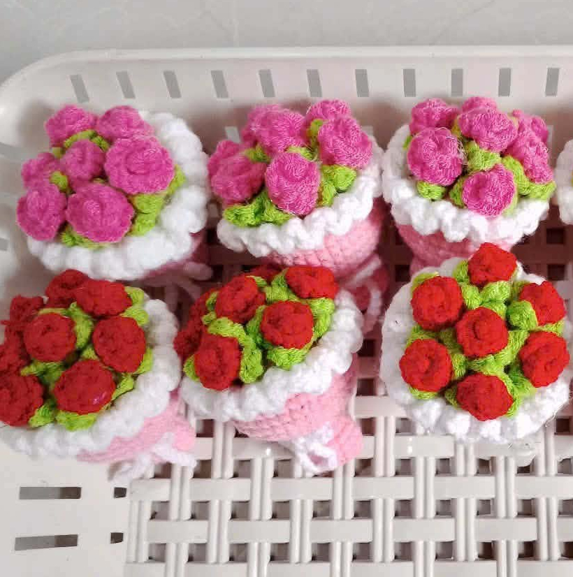 Bó Hoa Hồng Mini Len Handmade Đan Móc Thủ Công Dễ Thương Trang Trí, Quà Tặng Sinh Nhật, Kỷ Niệm