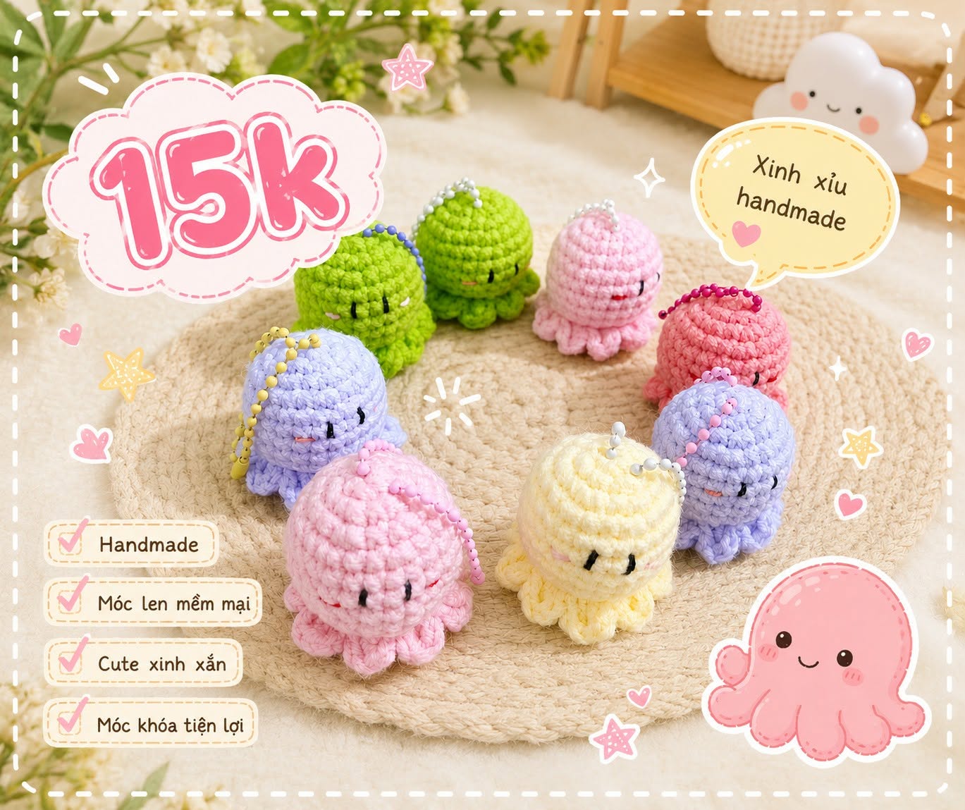 Móc Khóa Bạch Tuộc Len Handmade Đan Móc Thủ Công Dễ Thương Nhiều Màu Trang Trí Túi Xách, Balo